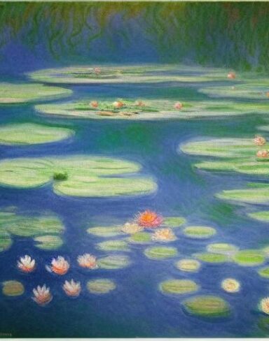 The painting of water lilies in a pond of water