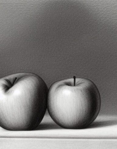 The pencil drawing of a vase and apples on a table