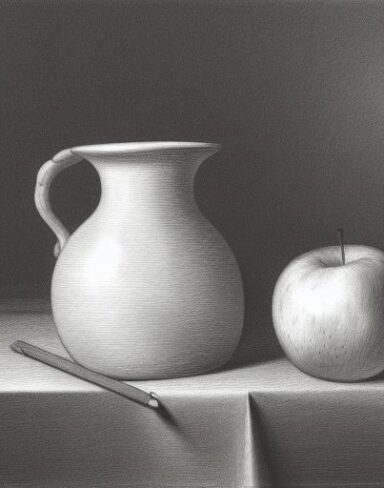 The pencil drawing of a vase and apples on the table