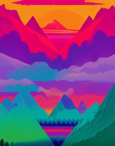 The psychedelic poster with mountains in the background