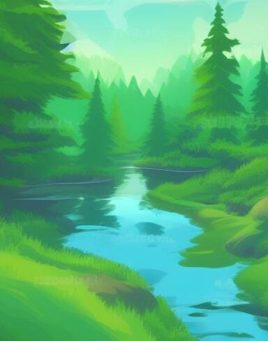 The river running through the green forest