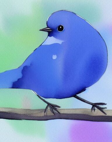 The watercolor painting of a blue bird and a branch inspired by Paul Bird