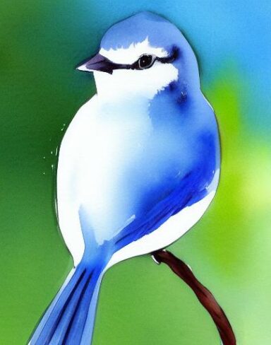 The watercolor painting of a blue bird sitting on branch inspired by Paul Bird