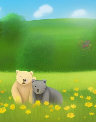 Two bears in a field with flowers