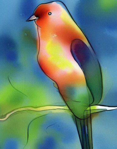 Watercolor painting of a bird sitting on a branch inspired by Paul Bird