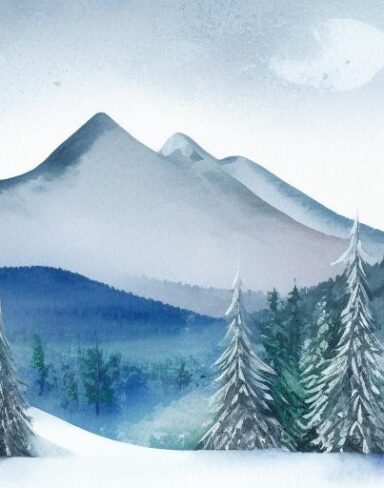 Watercolor painting of a snowy mountain scene. Burchfield