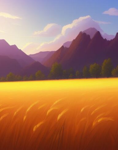 With dim sunlight a painting of a wheat field with mountains in the background