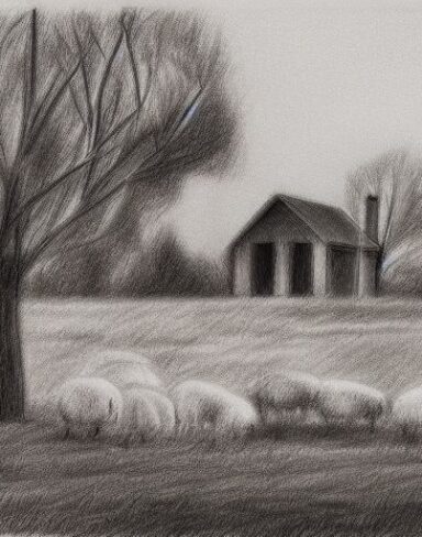 A black and white drawing of sheep and few trees with a house behind