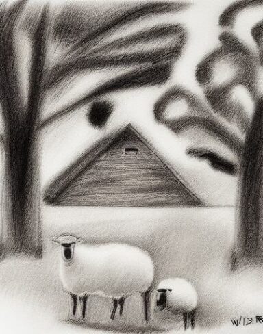 A black and white drawing of sheep and some trees with a house behind