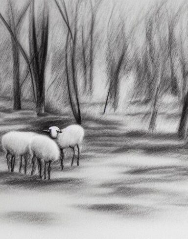 A black and white drawing of sheep and trees