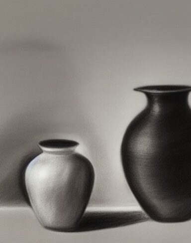 A black and white drawing of two vases and a bottle
