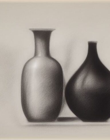 A black and white drawing of two vases and a bottle