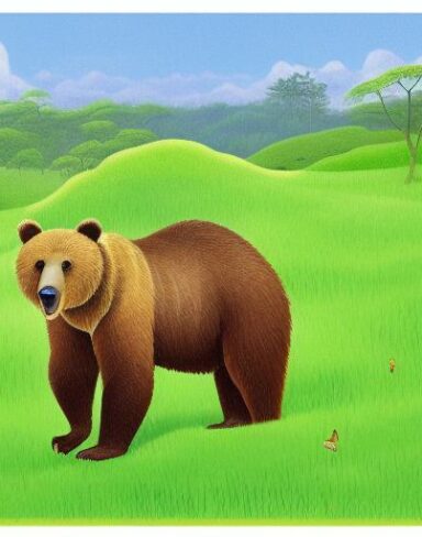 A brown bear on the lush green field