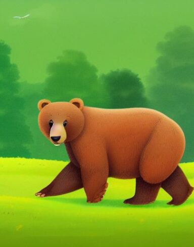 A brown bear on the lush green field