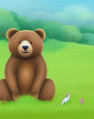 A brown bear sitting on the lush green field