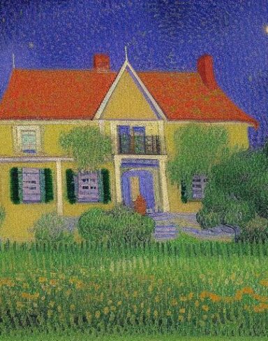 A color painting of the house in a garden