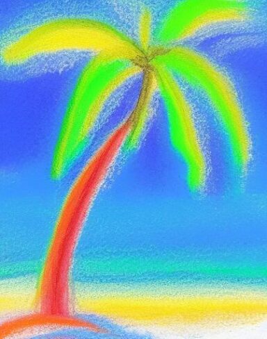 A color painting of the palm tree on a beach