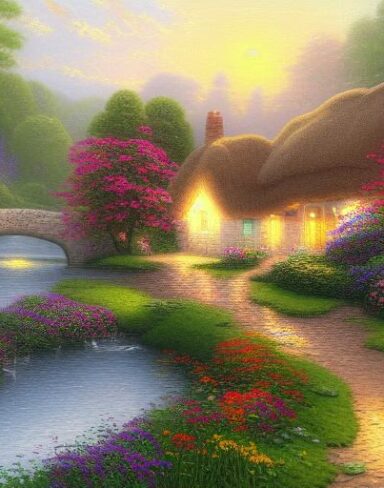 A cottage by a river with flowers