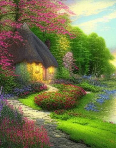 A cottage by a river with vivid flowers painting
