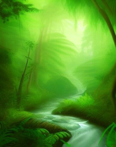 A curve stream running through green forest