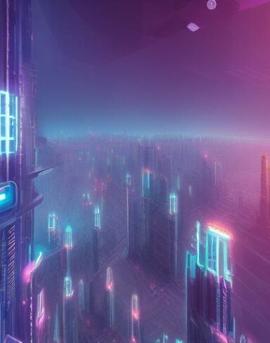 A digital city filled with tall buildings and citizens