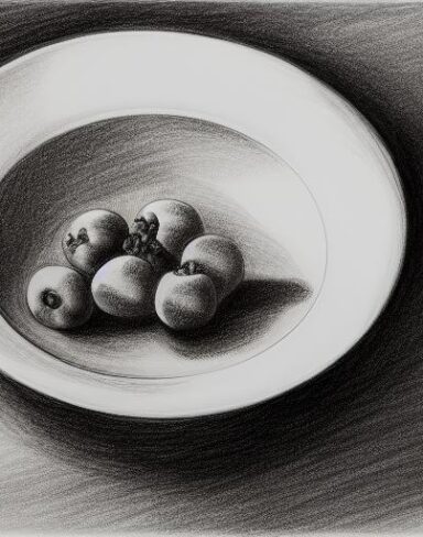 A drawing of fruit bowl on the table