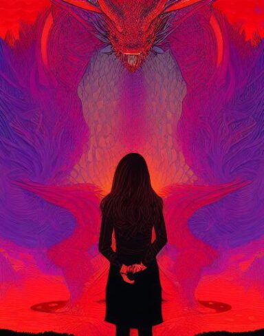 A girl that is standing on the right hand side of a dragon