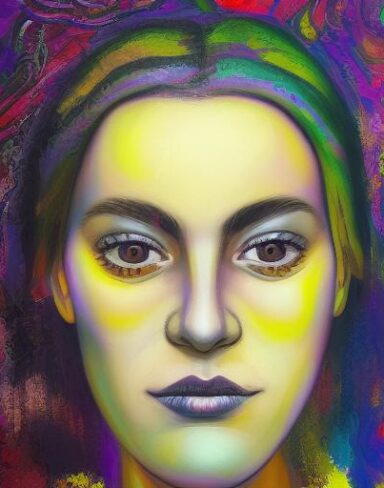 A highly detailed Psychedelic painting of a woman’s face in a close-up shot