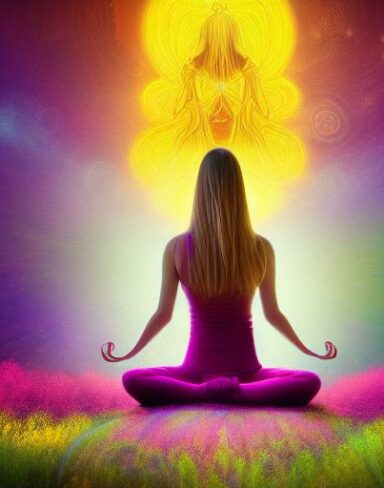 A highly detailed panoramic shot painting of a woman meditating on a psychedelic landscape. The woman is an elven spirit