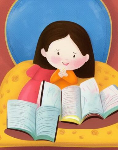 A little girl is reading a book