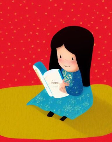 A little girl is reading a book