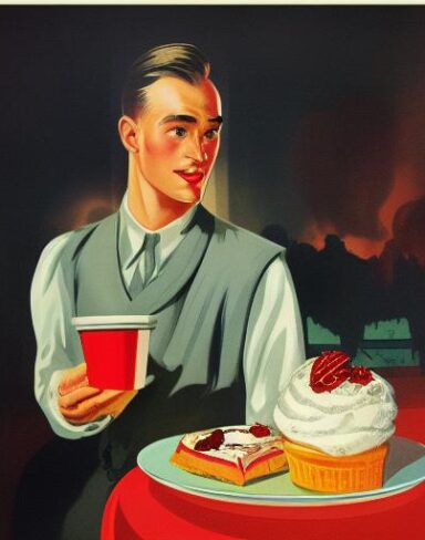 A man holding a cup of ice cream in front of a plate of dessert