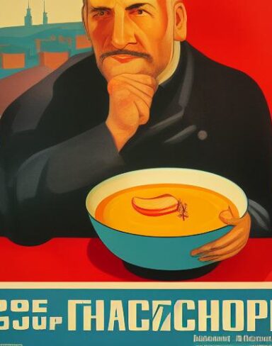 A man in front of a bowl of soup
