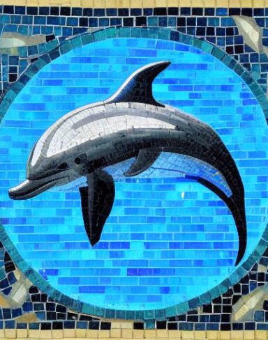 A mosaic of a dolphin swimming in the blue ocean inspired by Charles Ginner