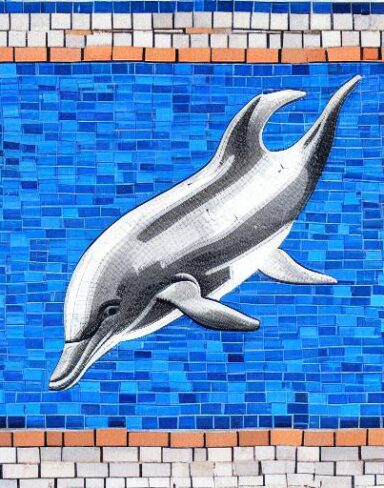 A mosaic of a dolphin swimming in the marine ocean inspired by Charles Ginner