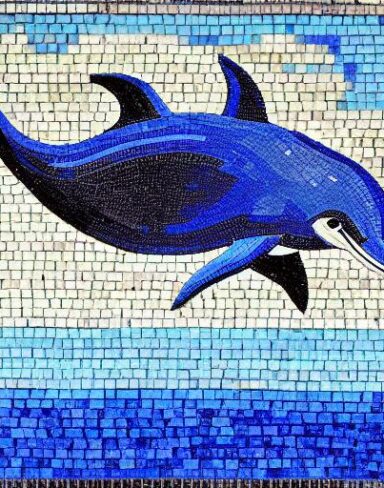 A mosaic of a dolphin swimming in the marine ocean inspired by Charles Ginner