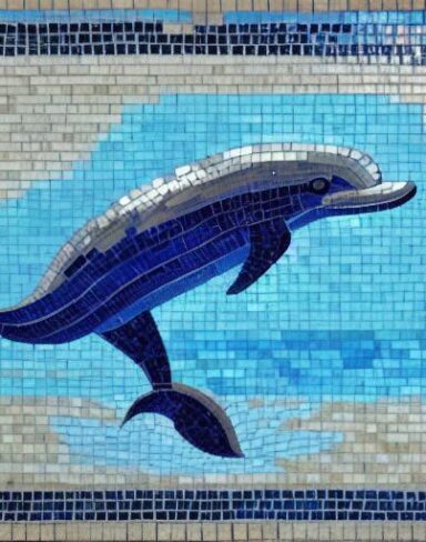 A mosaic of a dolphin swimming in the marine ocean inspired by Charles Ginner