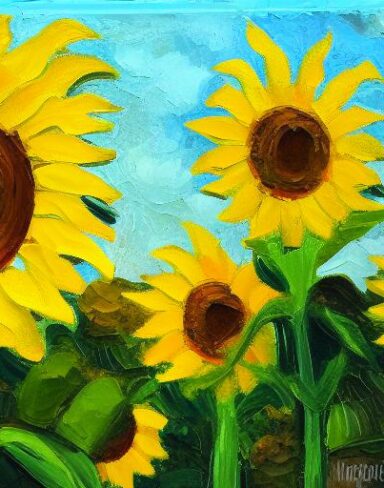 A oil painting of sunflowers in the field