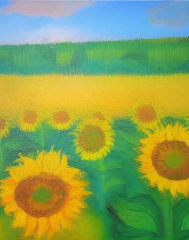 A oil painting of sunflowers in the field