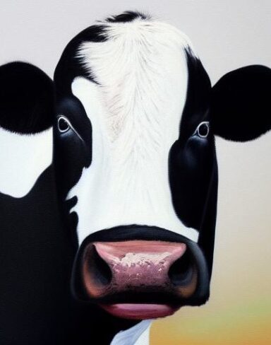A painting of a black and white cow