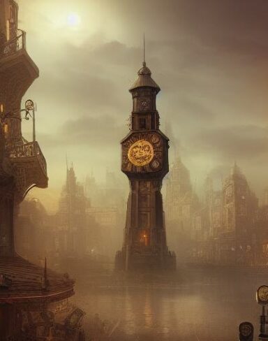 A painting of a city with a clock tower