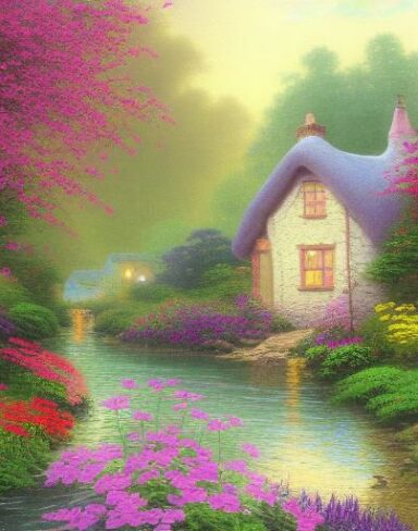 A painting of a cottage by a river with colorful flowers