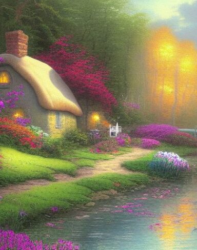A painting of a cottage by a river with vivid flowers