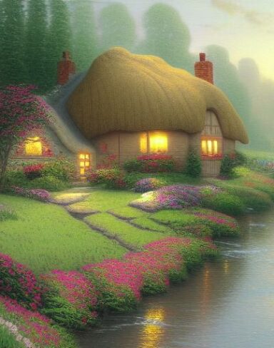 A painting of a cottage near a river