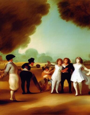 A painting of a group of couples having fun on the green land by Francisco de Holanda