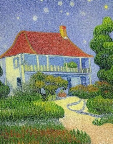 A painting of a house in a garden