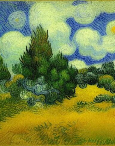 A painting of a wheat field with cypress trees
