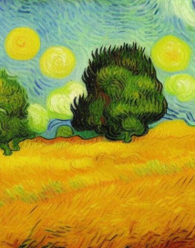 A painting of a wheatfield with trees
