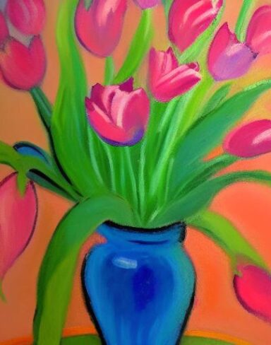 A painting of few pink flowers in a vase