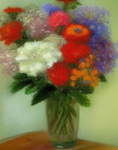 A painting of flowers in a vase on a table